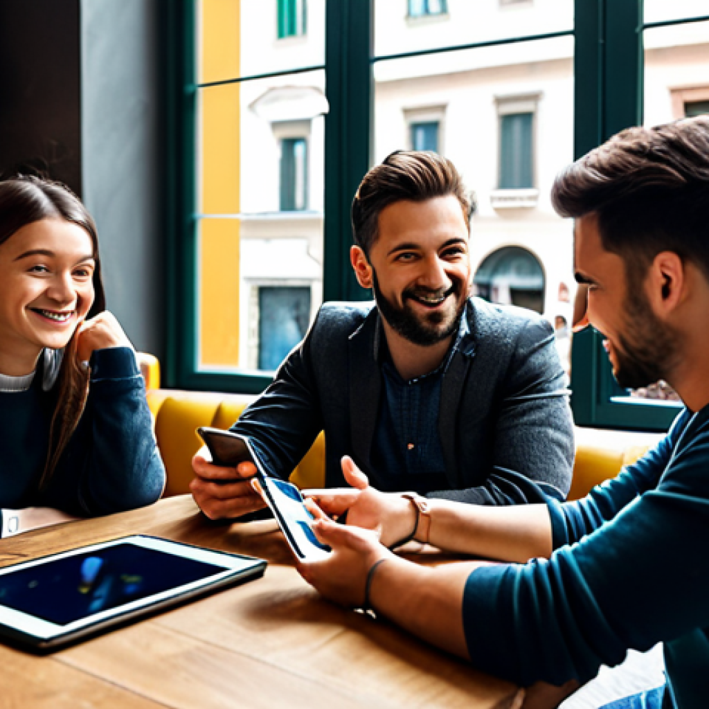 **

A diverse group of people interacting with a friendly AI chatbot on a tablet screen, set in a bustling Milanese cafe. Everyone is fully clothed in casual, stylish Italian fashion. The cafe has a warm, inviting atmosphere with plenty of natural light. The AI is giving helpful and empathetic responses. Safe for work, appropriate content, fully clothed, family-friendly, professional, perfect anatomy, correct proportions, natural pose, well-formed hands, proper finger count.

**