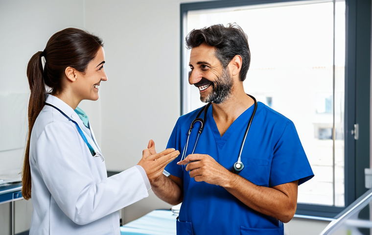 감정인식 AI와 다양한 산업의 융합 - **

A friendly doctor in a modern, brightly lit Italian hospital, fully clothed in professional medi...