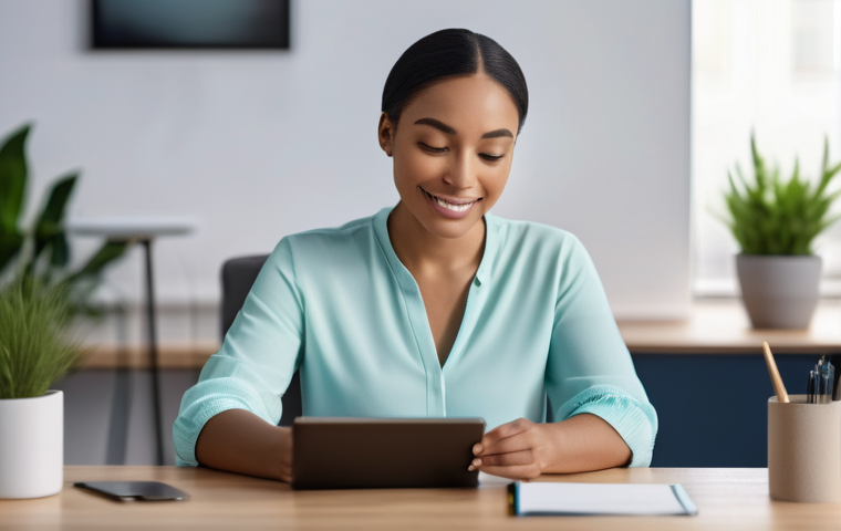 감정인식 AI와 기술적 한계 - A diverse young woman, dressed in a smart casual top and trousers, sits comfortably in a modern, bri...