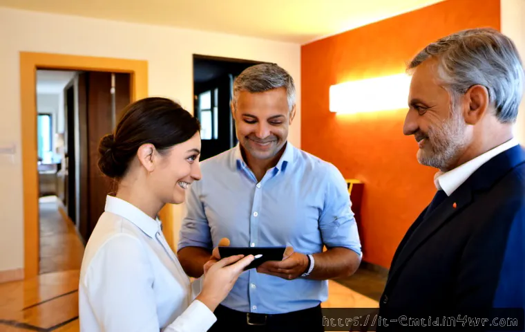 감정인식 AI 기술의 고객 맞춤형 적용 - Photorealistic Italian boutique hotel reception in Rome, a friendly receptionist using a discreet em...
